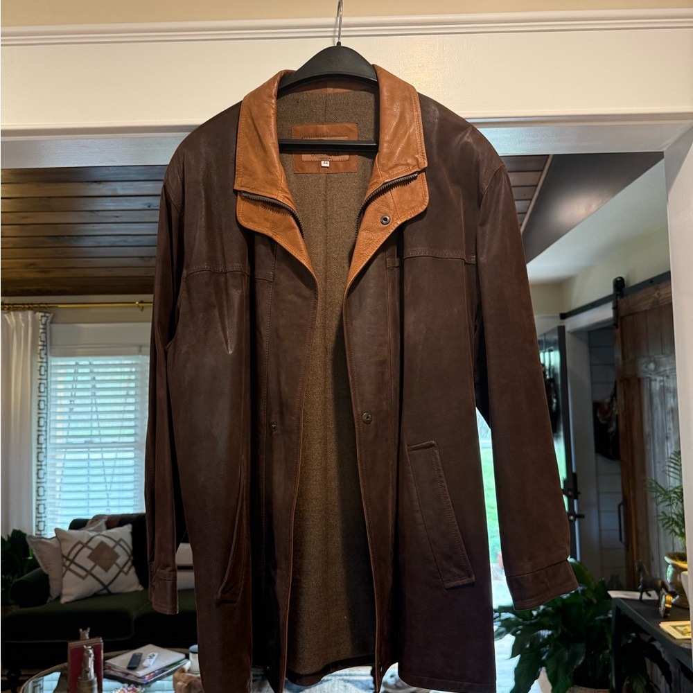 Remy Leather Brown Trench Coat with Tan Collar